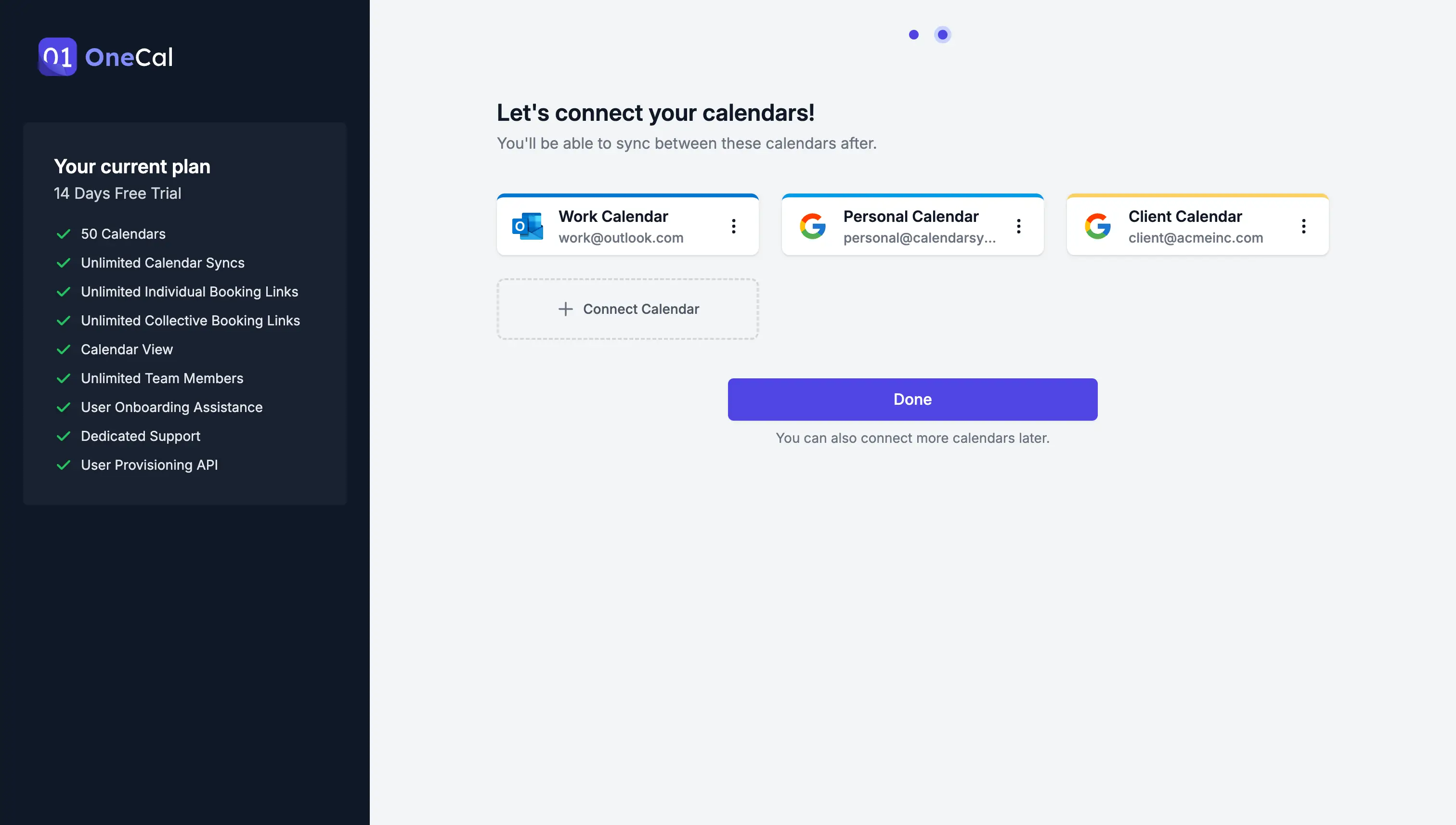 OneCal - Connect calendars page