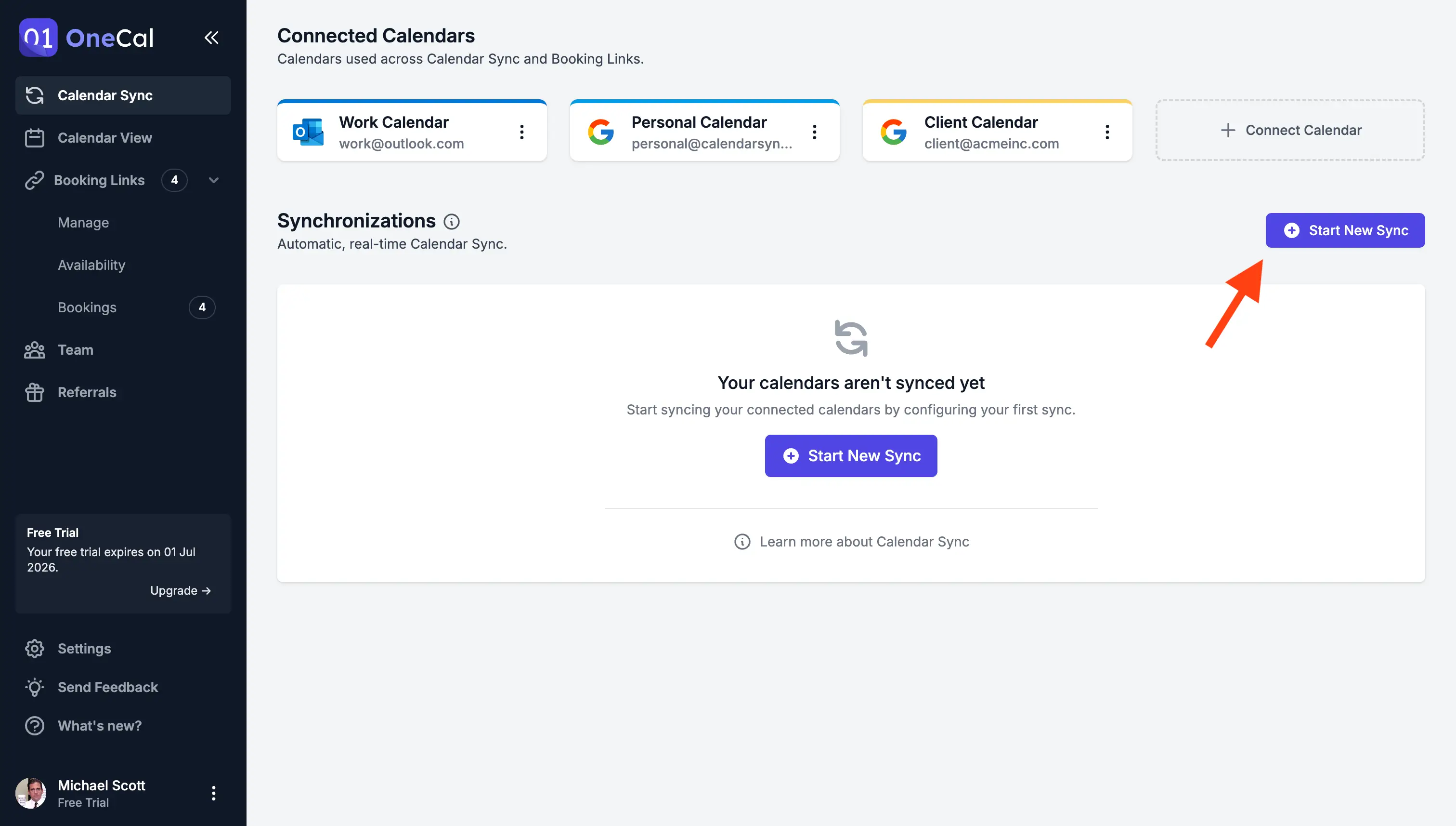 OneCal - Start new sync page
